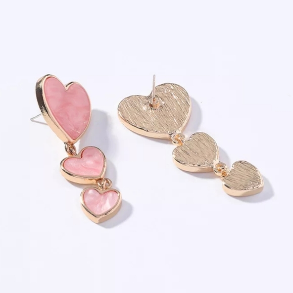 Triple Dangling Pink Heart Earrings - Picture 2 of 2